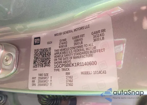 2024 Chevrolet Colorado из США, поврежденный, VIN 1GCPSBEK1R1140600